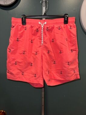 Men's Coral Swim Trunks with Navy Anchor Embroidery